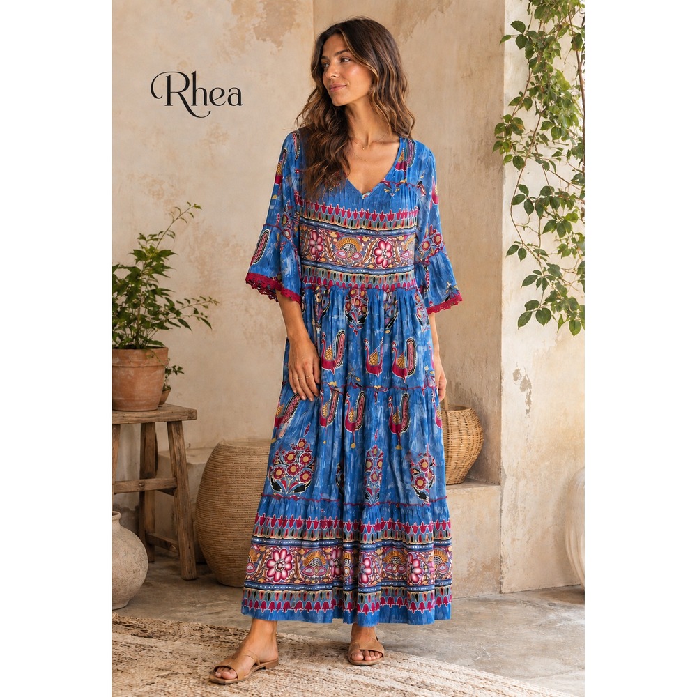 Rhea Blue Folk Art Bird Floral Paisley Boho Peasant Festival Maxi Dress S/M NWT